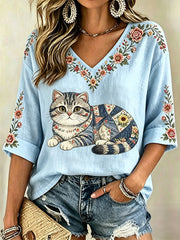 Damen-Floral-Katzen-Print-Casual-V-Ausschnitt-Top