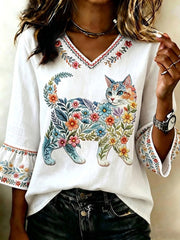 Damen-Blumen-Katzen-Print-Casual-Top
