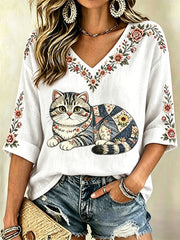 Damen-Floral-Katzen-Print-Casual-V-Ausschnitt-Top