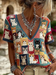 Damen-Cat-Print-Lässiges Hemd