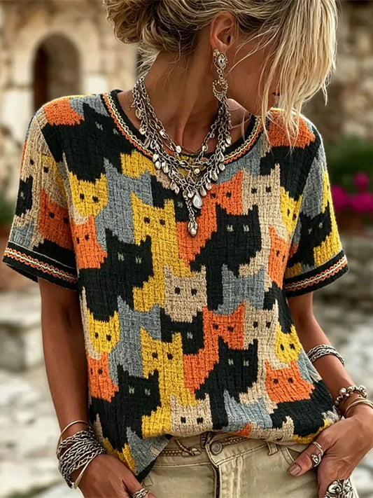 Damen Vintage Cats Color block Kunst Leinen Rundhals mit kurzen Ärmeln Top
