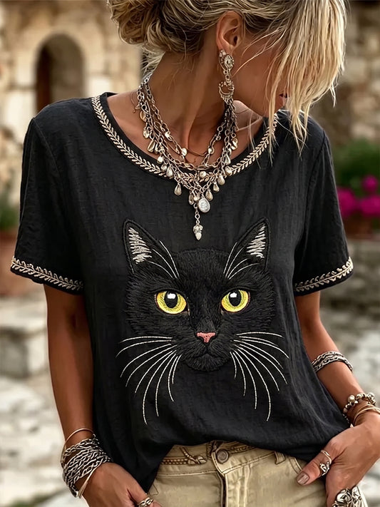Damen Vintage Black Cat Face Art Leinen Rundhals mit kurzen Ärmeln Top