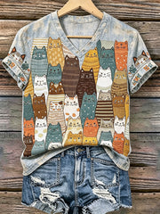 Damen-Katzenkunstdruck-Lässiges T-Shirt