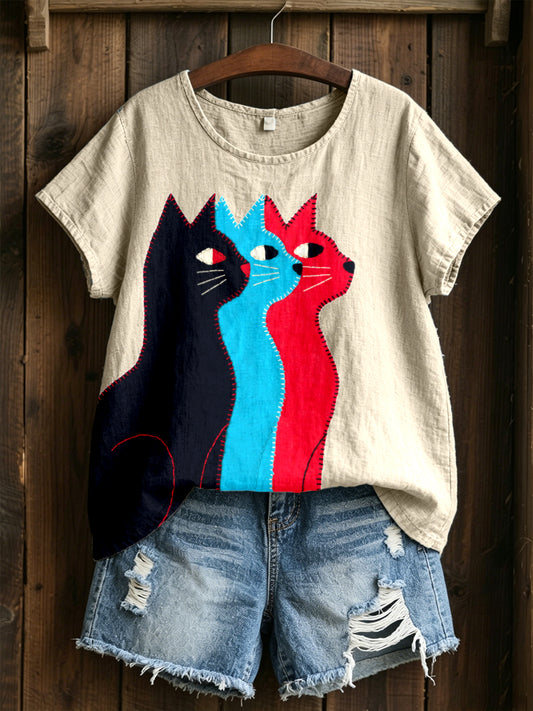 Frauen-lustiges Katzen-Patchwork-Kunst-Baumwoll-Leinen-Hemd