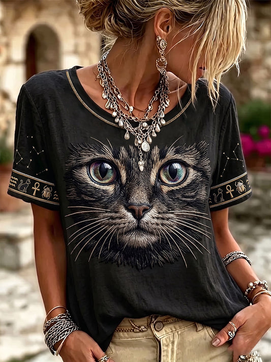 Damen-Top im Vintage-Stil mit schwarzer Katzen-Gesichts-Optik, aus Leinen, Rundhalsausschnitt, kurze Ärmel