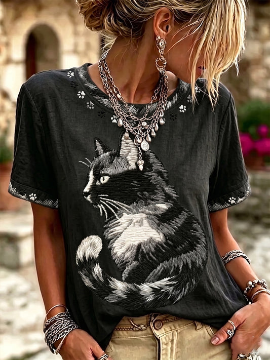 Damen Vintage Schwarz Katze Kunst Leinen Rundhalsausschnitt Kurzärmelig Top