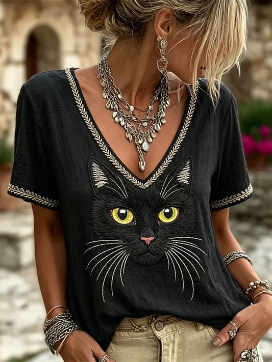 Damen Vintage Schwarz Katzen gesicht Kunst Leinen V-Ausschnitt kurze Ärmel Top