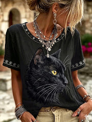 Damen-Top im Vintage-Stil mit schwarzer Katzen-Gesichts-Optik, aus Leinen, Rundhalsausschnitt, kurze Ärmel