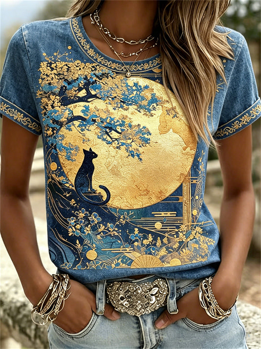 Damen-T-Shirts mit Katzen- und Goldmotiv, Vollmond und japanischem Blumenmuster-Druck