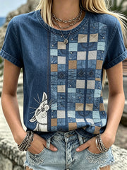 Damen Vintage Niedliche Katzen Patchwork Baumwolle Leinen Rundhals kurz Ärmel Top