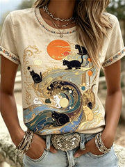 Damen-Katzen-Meereswellen-Sonnenaufgang-edle japanische Kunst-Print-T-Shirts