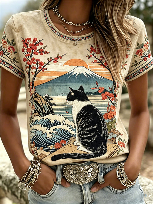 Damen-T-Shirts mit Katzen- und japanischen Landschafts-Motiven als Kunstdruck