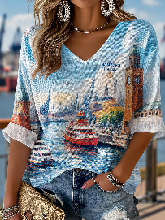 Damen-Hamburg-Hafen-Kunstdruck-Waffel-T-Shirt