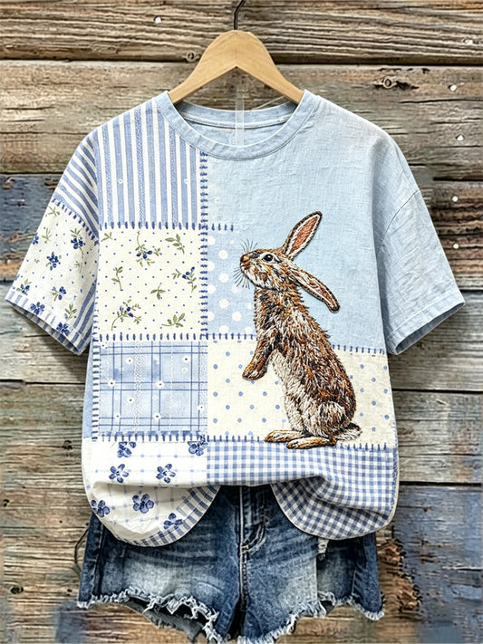 Damen Vintage Bunny Cottage Floral Patchwork Print Leinen T-Shirt