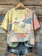 Frauen Peeking Lamb linen Cottage Floral Color block Print Leinen T-Shirt