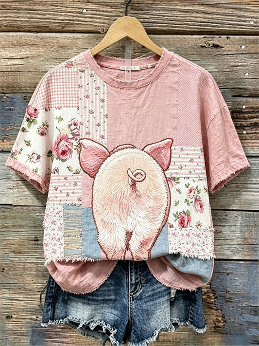 Damen Schwein Zurück Ansicht Cottage Floral Patchwork Print Leinen T-Shirt