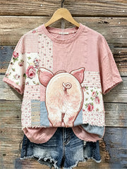 Damen Schwein Zurück Ansicht Cottage Floral Patchwork Print Leinen T-Shirt