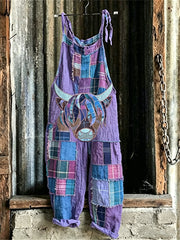 Damen Vintage Highland Kuh Plaid Patchwork Print Overall