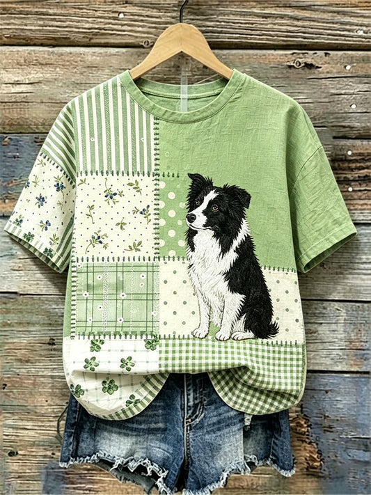 Frauen Border Collie Hund Cottagecore Floral Patchwork Print Leinen T-Shirt