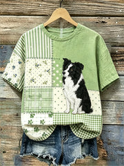 Frauen Border Collie Hund Cottagecore Floral Patchwork Print Leinen T-Shirt