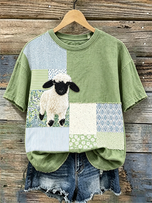 Frauen Fuzzy Sheep Cottagecore Floral Color block Print Leinen T-Shirt