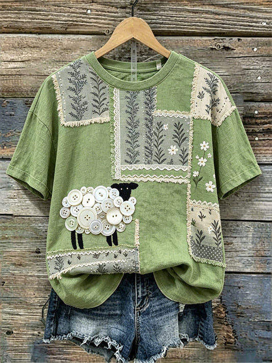 Damen Vintage Sheep Cottagecore Kurzarm-T-Shirt mit Blumen kunst druck aus Leinen