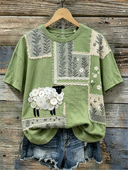 Damen Vintage Sheep Cottagecore Kurzarm-T-Shirt mit Blumen kunst druck aus Leinen