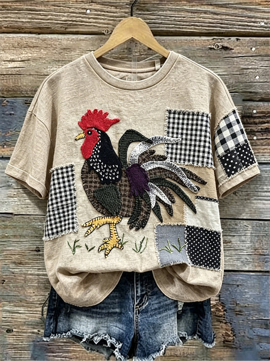 Damen Vintage Hahn Faser Kunst Patchwork Print Leinen T-Shirt