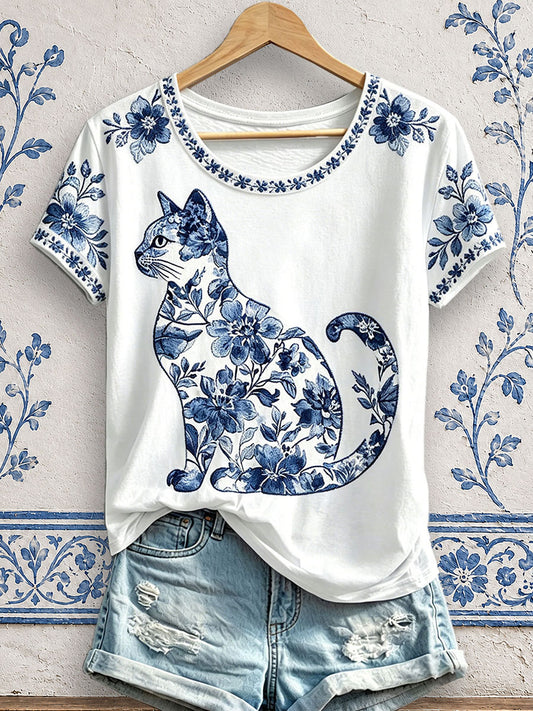 Damen-T-Shirts mit Blumen- und Katzenmuster