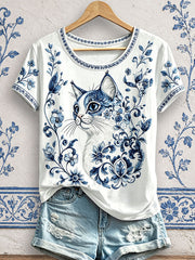 Damen-T-Shirts mit Blumen- und Katzenmuster