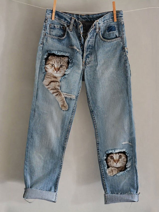 Damen-Hosen mit Katzenkunstdruck, lässig
