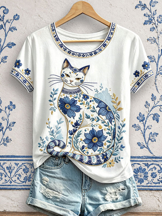 Damen-T-Shirts mit Blumen- und Katzenmuster