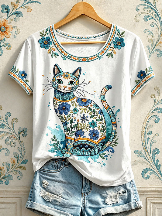 Damen-T-Shirts mit Blumen- und Katzenmuster