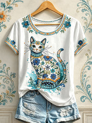 Damen-T-Shirts mit Blumen- und Katzenmuster