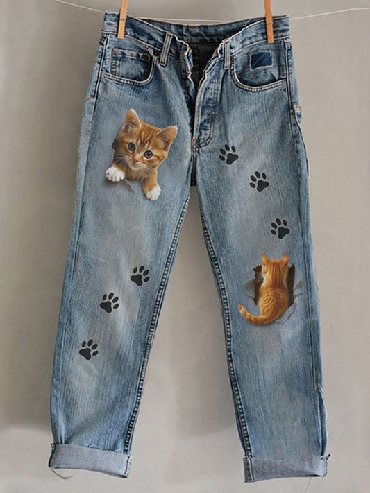 Damen-Hosen mit Katzenkunstdruck, lässig