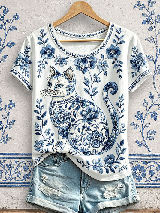 Damen-T-Shirts mit Blumen- und Katzenmuster