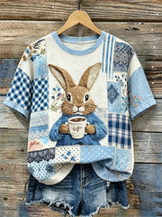 Frauen Bunny mit Kaffee Floral Cottage Collage Print Leinen kurz ärmel iges T-Shirt
