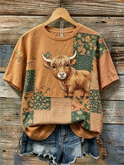 Frauen Highland Cow Cottage Floral Patchwork Print Leinen kurz ärmel iges T-Shirt
