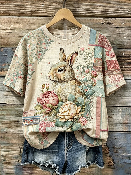 Damen Vinatge Bunny Roses Floral Patchwork Print Leinen Kurzarm T-Shirt