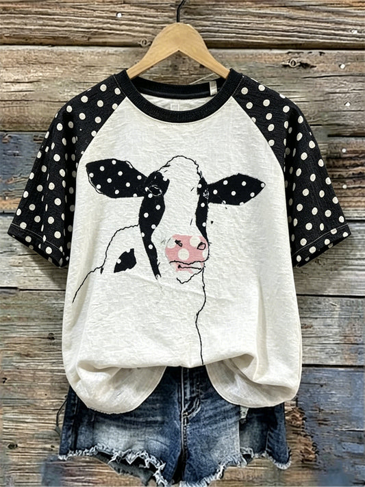 Kurz ärmel iges T-Shirt aus Leinen für Damen tagebuch mit Kuh druck Polka Dots Raglan