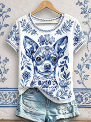 Damen-T-Shirts mit Blumen- und Hundeprint