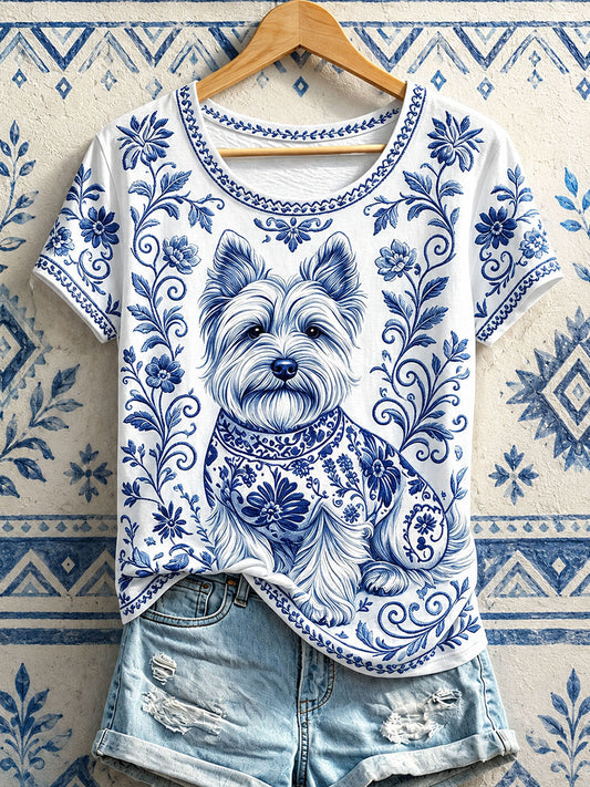 Damen-T-Shirts mit Blumen-Hunde druck