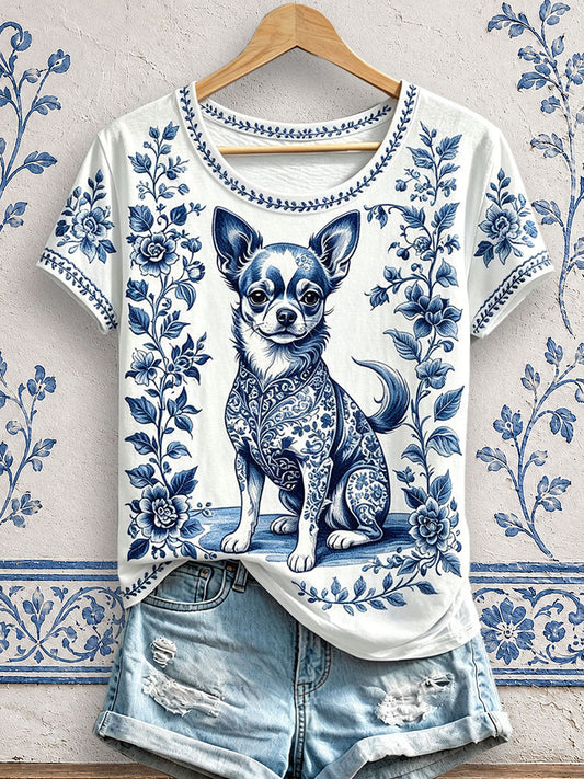 Damen-T-Shirts mit Blumen- und Hundeprint