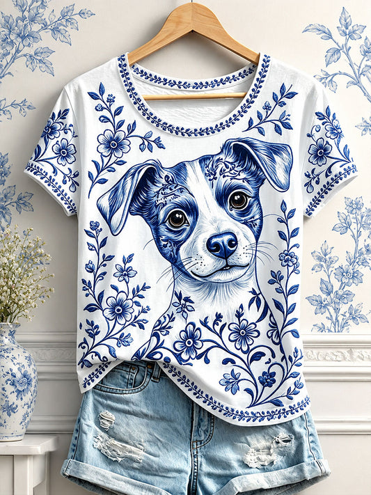 Damen-T-Shirts mit Blumen- und Hundeprint