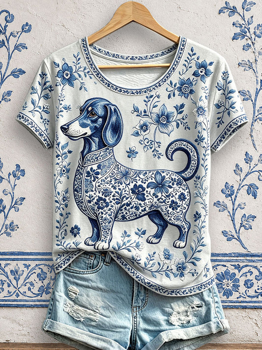 Damen-T-Shirts mit Blumen- und Hundeprint