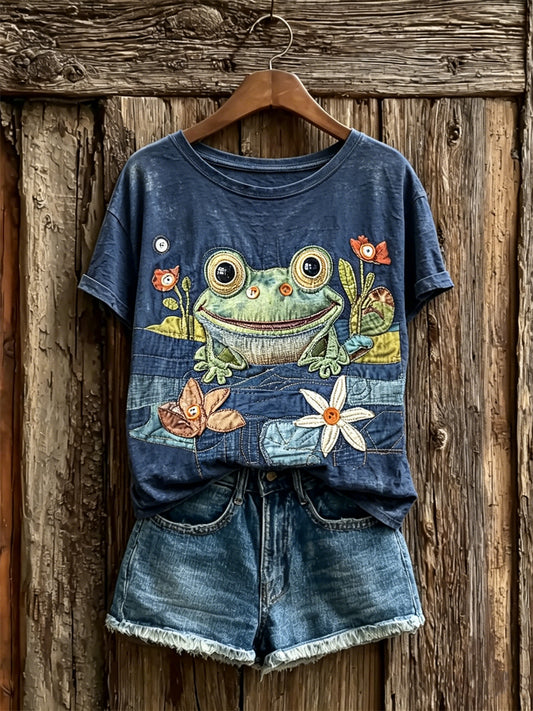Damen-T-Shirt mit kunstvollem Teichfröschchen-Druck und kurzen Ärmeln