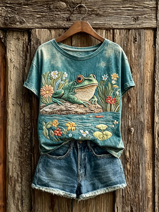 Damen-T-Shirt mit Frosch- und Blumenmotiv im Teichstil, Kurzarm
