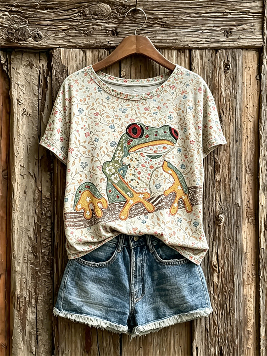 Damen-Vintage-Cottagecore-T-Shirt mit Baumfröschchen- und Blumenmuster, kurzärmelig