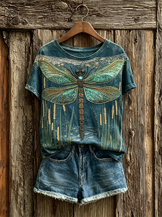 Damen-Vintage-Edel-Funktenschmetterling-Kunstdruck-T-Shirt mit kurzen Ärmeln