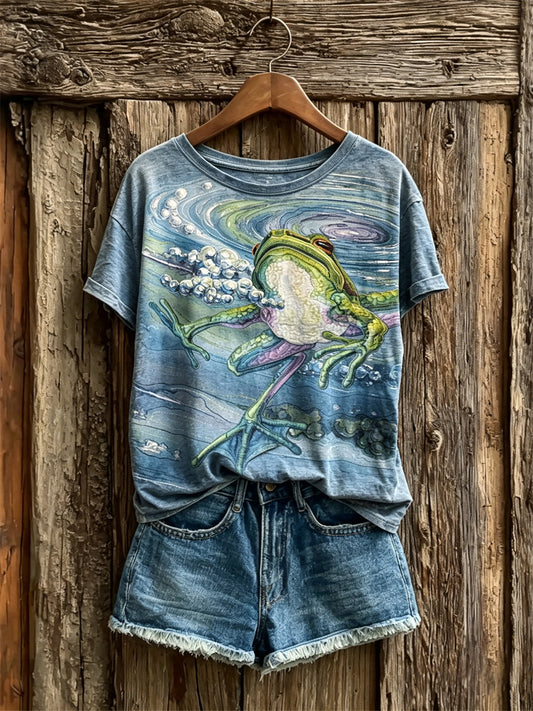 Damen-Schwimm-Frosch-Kunstdruck-T-Shirt mit kurzen Ärmeln